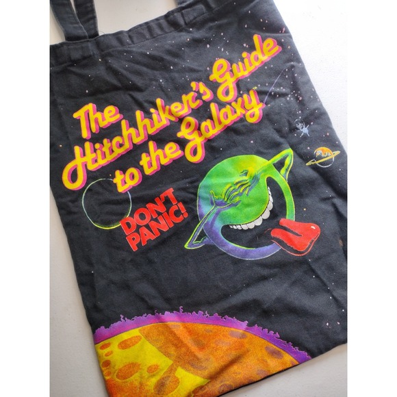 Out of Print Hitchhikers Guide to the Galaxy Tote Bag Black Canvas Dont Panic - Picture 3 of 7
